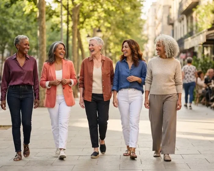 Five stylish women over 50 of different backgrounds walking together in colorful, easy weekend outfits.