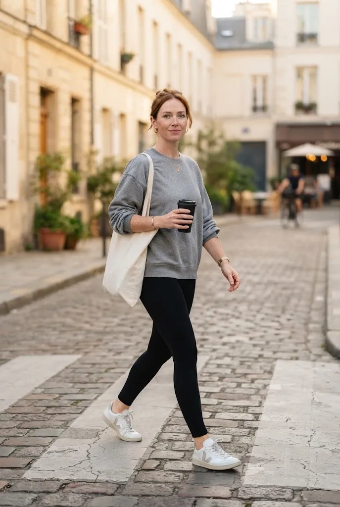 Woman in white leather sneakers, black leggings, and a gray sweatshirt crossing a city street