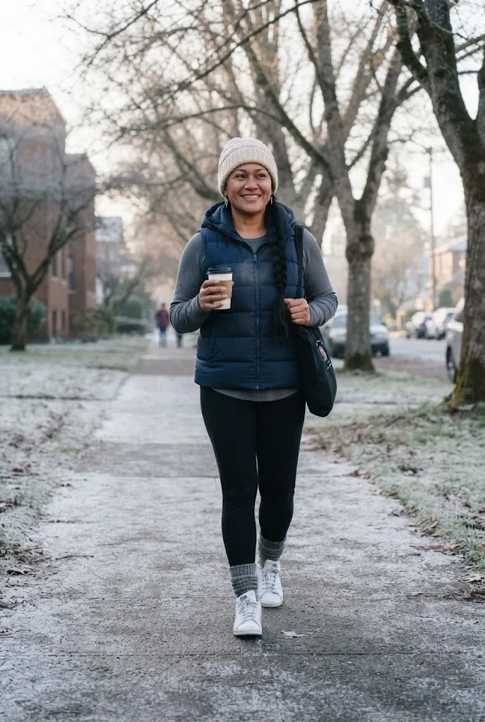 Woman in white sneakers, fleece leggings, and a navy puffer vest on a cold morning